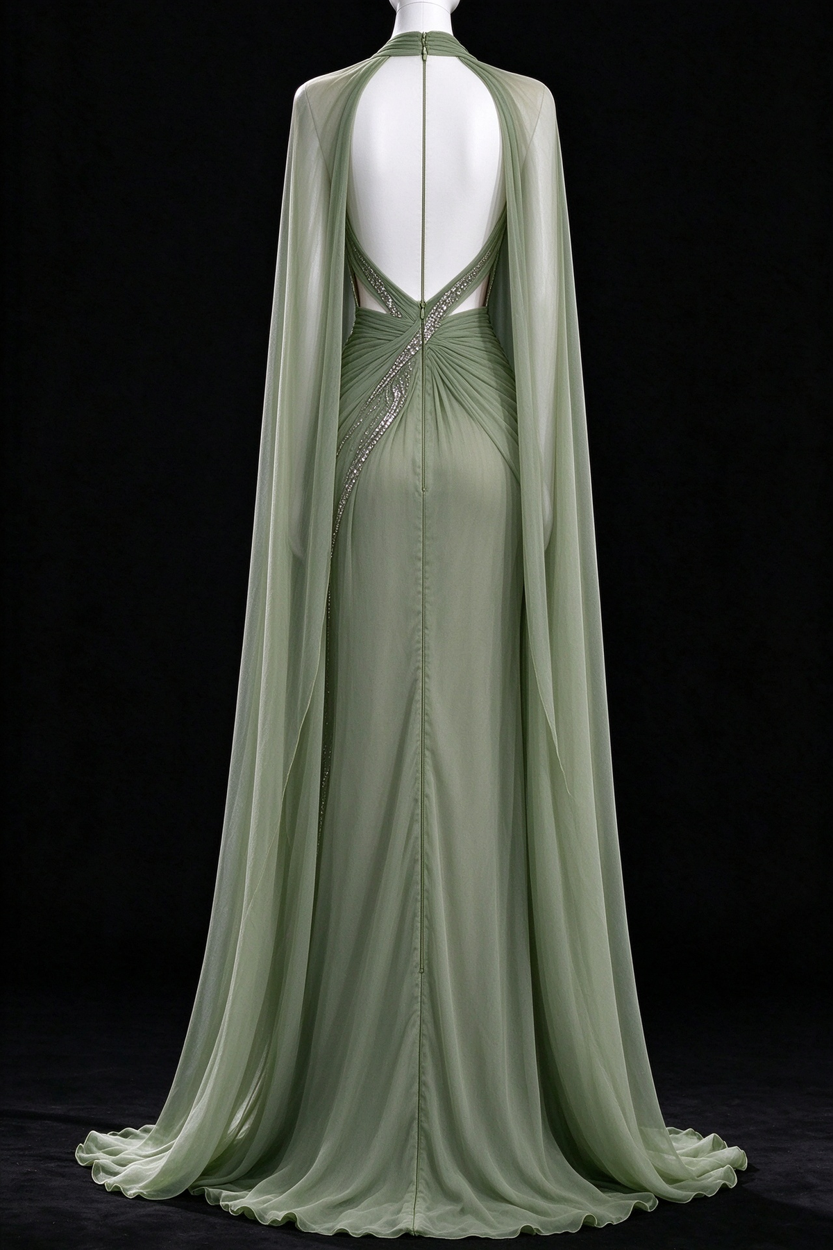 Sage Green Halter Deep V Cutout Beaded Cape Sleeve Evening Gown fg9072