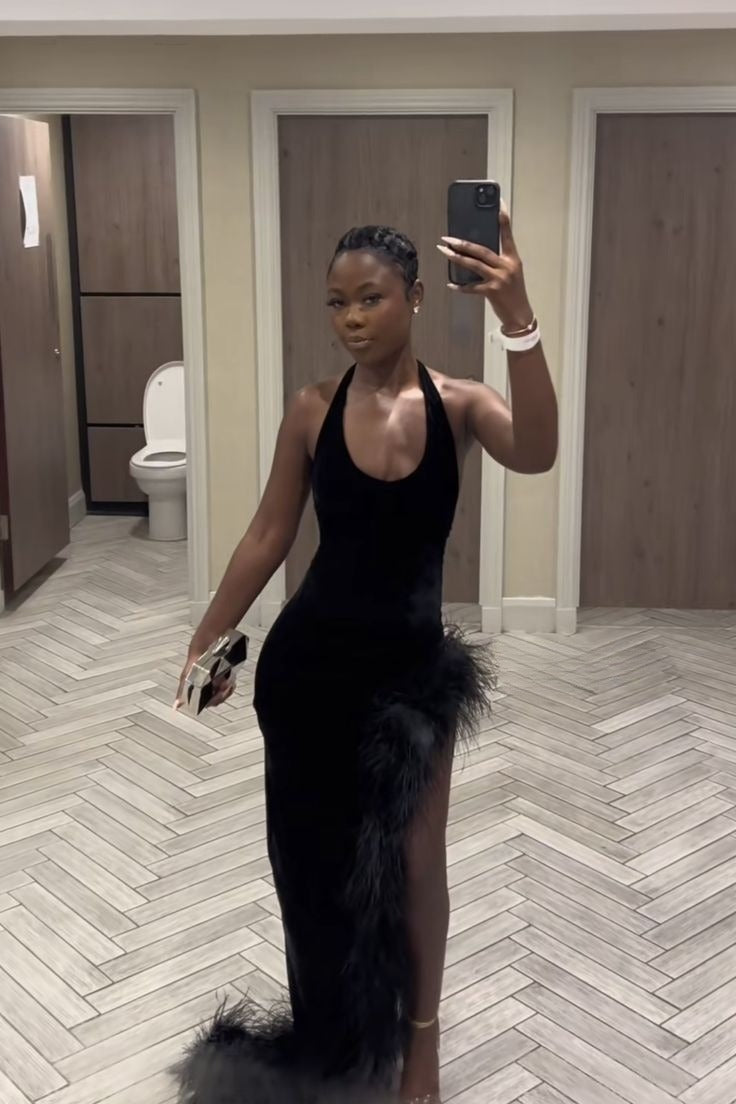 Sexy Black Halter Long Prom Dress with Feathers fg7417 – formalgowns
