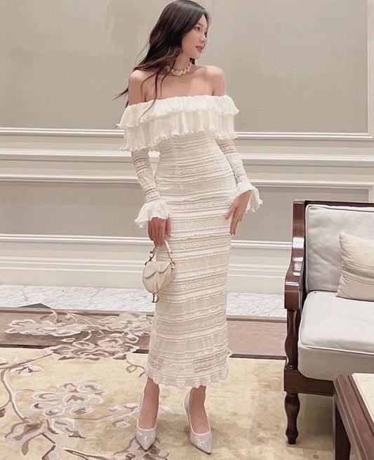 Elegantes weißes Midikleid für Bürodame, langärmelig, sexy, figurbetontes Strandpartykleid fg5417