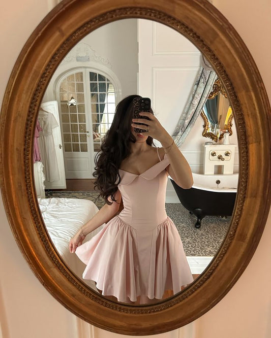 A Line Pink Off Shoulder Homecoming Dress Short Party Dress    fg7693