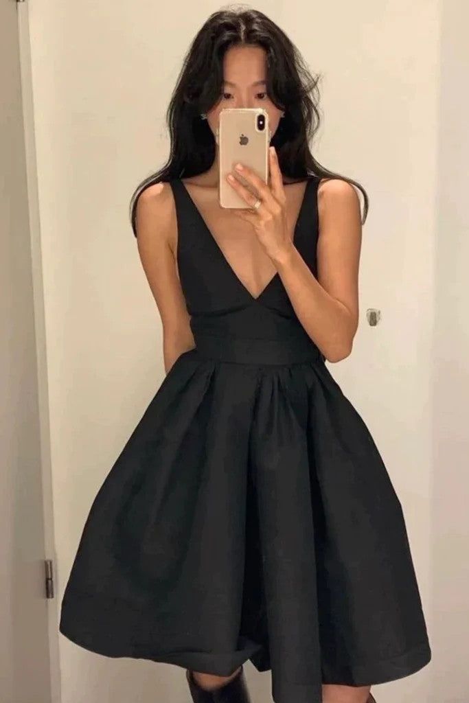 V Neck Black Backless Satin Short Prom Dresses, Open Back V Neck Short formalgowns V Neck Black Backless Satin Short Prom Dresses, Open Back V Neck Short formalgowns