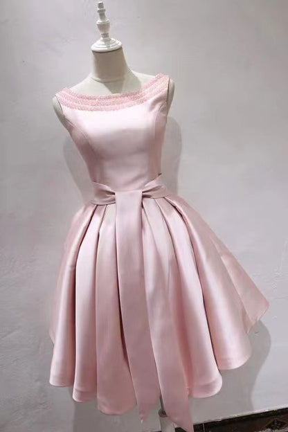 Robe de soirée à col rond, robe sans manches en satin avec perles fg6389