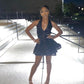 Robe de soirée courte noire irrégulière, tenue d'anniversaire, robe de cocktail, fg8064