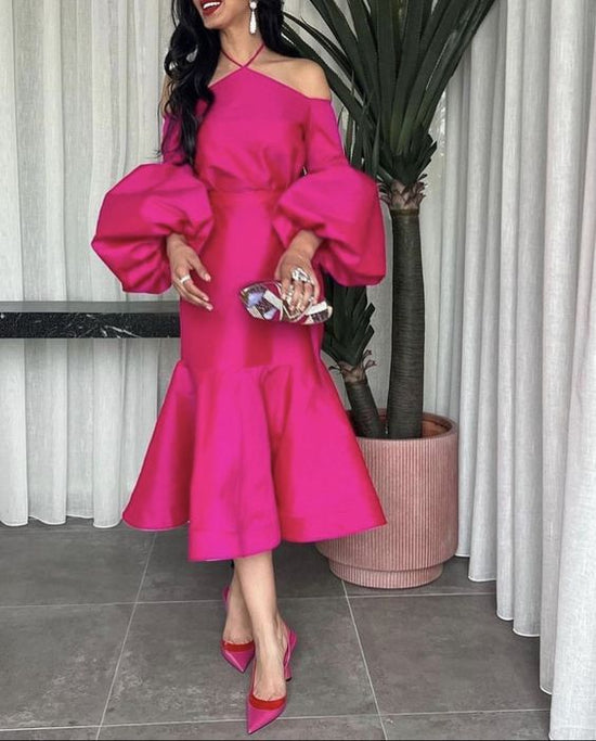 Sexy Hot Pink Halter Chiffon Ruffles Long Birthday Party Dress Formal Prom Dress