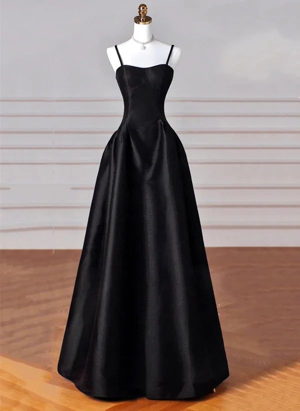 Elegantes schwarzes langes Ballkleid aus Satin in A-Linie, formelles Abendkleid fg6742