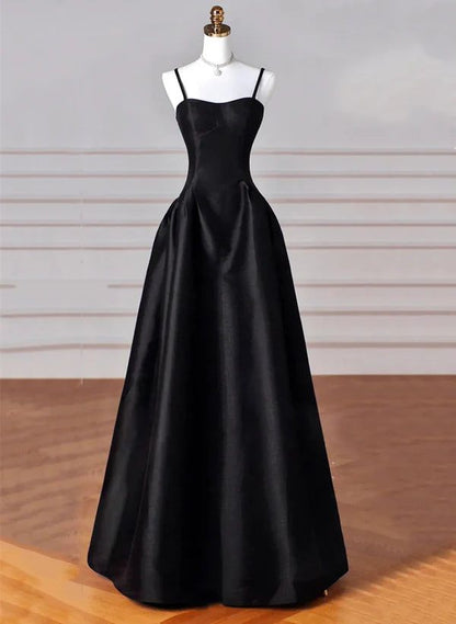 Elegantes schwarzes langes Ballkleid aus Satin in A-Linie, formelles Abendkleid fg6742