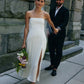 Simple Strapless Sleeveless Satin Sheath Midi Wedding Dress With Slit    fg6333
