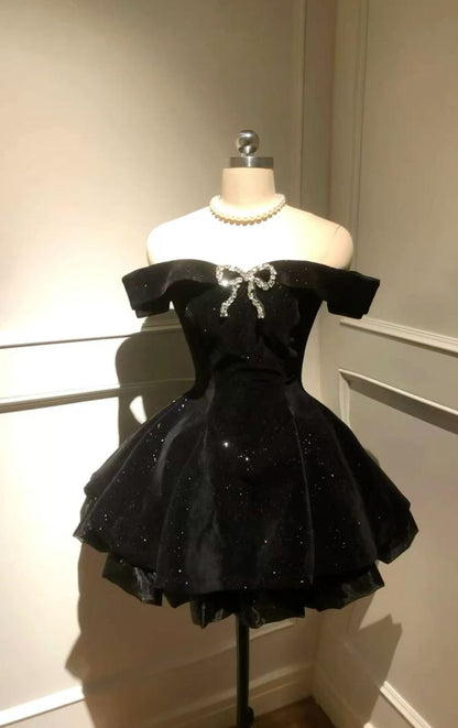 Black Off Shoulder Homecoming Dress Short Party Dress    fg7701