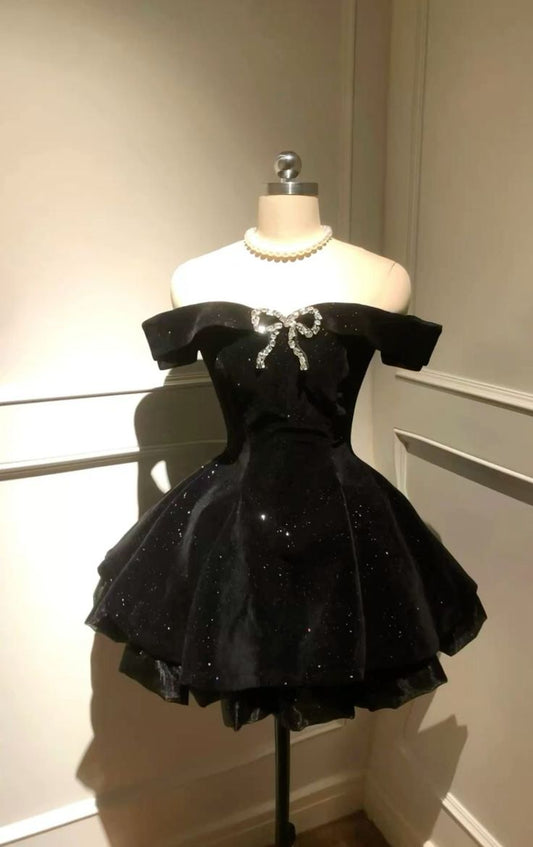 Black Off Shoulder Homecoming Dress Short Party Dress    fg7701