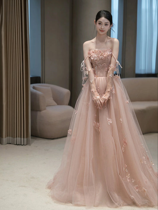 A Line Pink Long Formal Dress Tulle Evening Dresses     fg7673