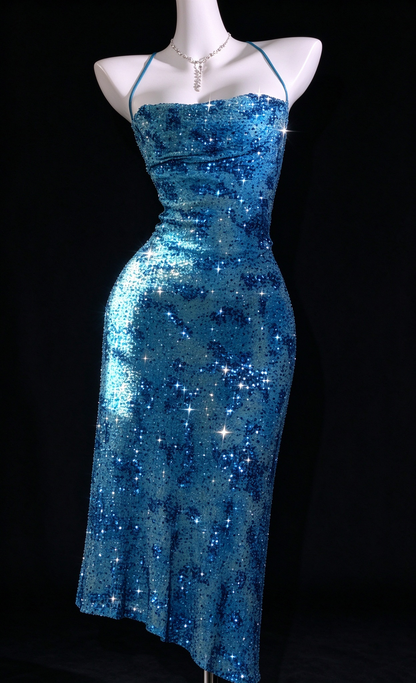 Turquoise Sequin Halter Bodycon Evening Dress fg9120