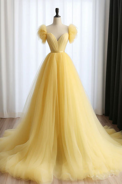 Robe de bal longue jaune en tulle à col en cœur et coupe trapèze, robe de soirée longue jaune fg5440