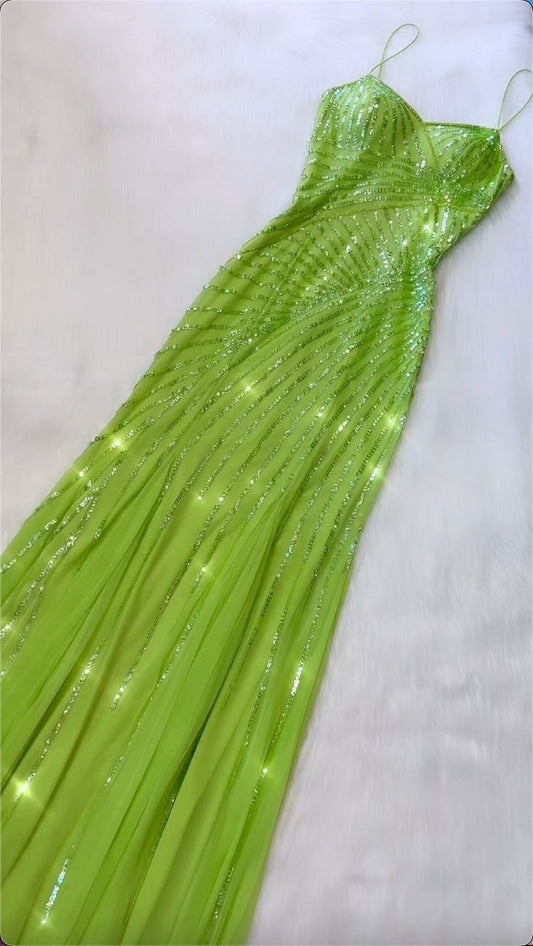 Green Spaghetti Straps Long Formal Dress Sequin Evening Dresses     fg7676