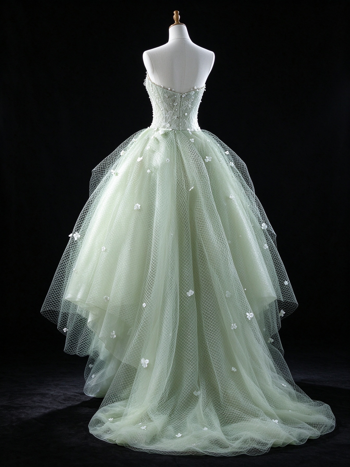 Green Strapless 3D Floral Tulle A Line Evening Gown fg9082