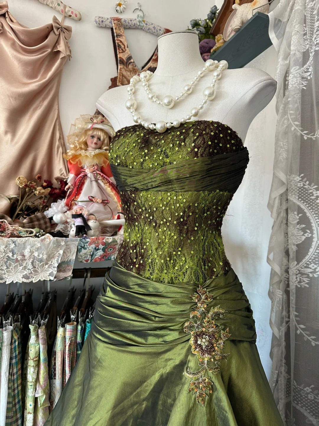 A Line Green Strapless Vintage Prom Dress Long Evening Dress fg8037