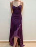 Gorgeous Spaghetti Straps Purple Satin Beaded Long Party Dress Birthday Prom Dress SP1373 main image 1
