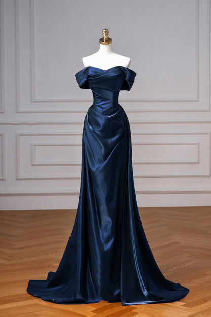 Navy Satin Long Prom Dress, Elegant Off the Shoulder Party Dress fg764 – formalgowns