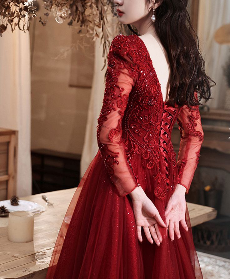 Burgundy Aline Lace Long Prom Dress, Burgundy Tulle Formal Graduation formalgowns Burgundy Aline Lace Long Prom Dress, Burgundy Tulle Formal Graduation formalgowns