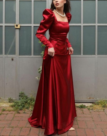 burgundy long sleeve formal dress Square Neck Long A Line Evening Gown Burgundy Long Sleeves Satin Forma – formalgowns
