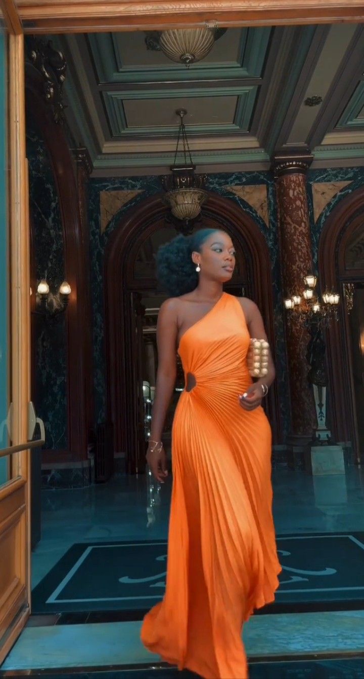 Orange One Shoulder Pleated A-Line Long Party Dress, DP2928 main image 1