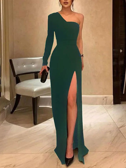 Elegant Green Dress Prom Floor Length Long Sleeve One Shoulder Fall We – formalgowns