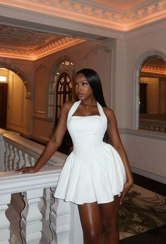 Robe de soirée courte et simple, coupe trapèze, blanche, tenue de soirée, fg7771
