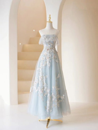 prom flowers for light blue dress Blue Tulle A-line V-neck Lace Flowers Long Prom Dresses, Evening Dress, MP720