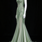 Sage Green Off Shoulder Beaded Tulle Mermaid Evening Gown fg9074