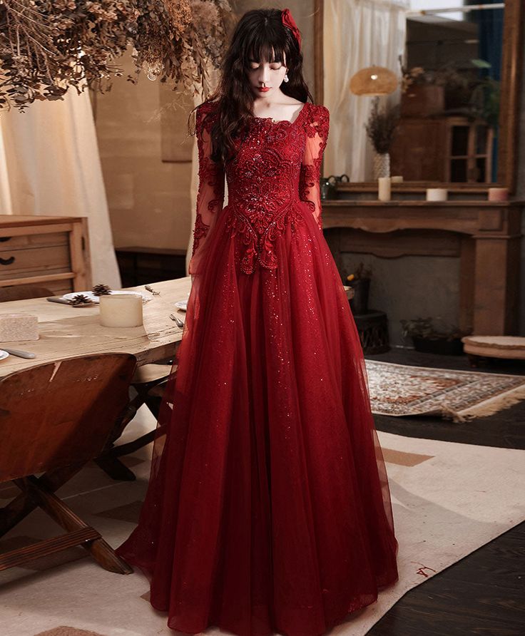 Burgundy Aline Lace Long Prom Dress, Burgundy Tulle Formal Graduation formalgowns Burgundy Aline Lace Long Prom Dress, Burgundy Tulle Formal Graduation formalgowns