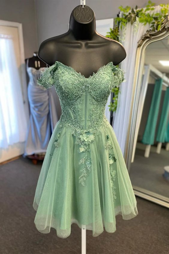 Off Shoulder Sage Green Lace Prom Dresses, Short Sage Lace Homecoming