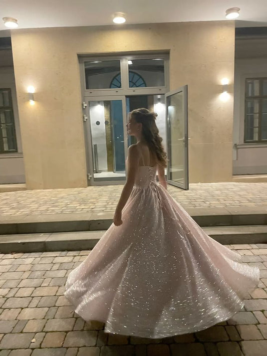 A Line Pink Spaghetti Straps Shinny Long Formal Dress Evening Party Dresses  fg7759