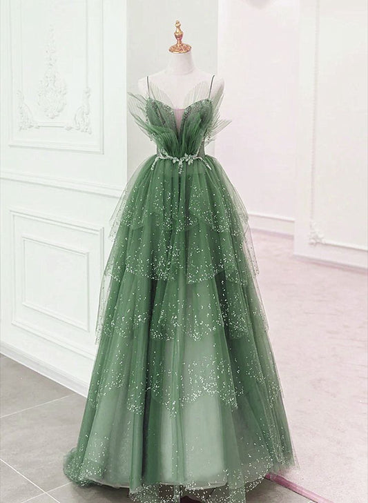 Glam Layers Tüll Träger Perlen langes Partykleid, langes Abendkleid fg5451