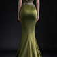 Olive Green Off Shoulder Satin Mermaid Evening Dress with Beaded Sheer Long Sleeves fg9033
