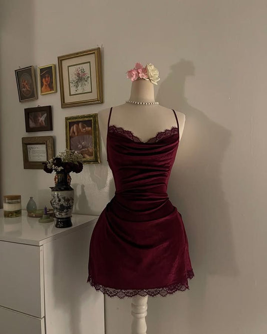 Burgundy Velvet Lace Short Homecoming Dress Short Party Dress    fg7687
