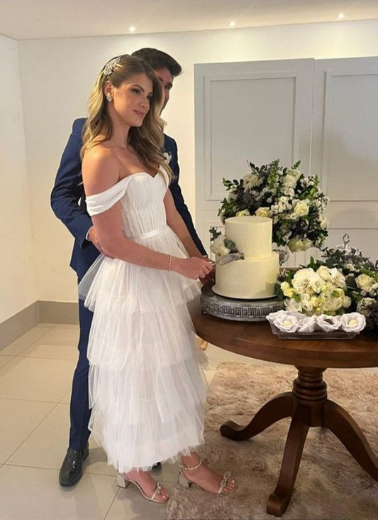 Robe de bal blanche trapèze en tulle à plusieurs niveaux, robe de fiançailles fg5669