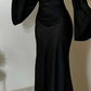 Vintage langes schwarzes Satinkleid für Damen, elegantes Abendkleid fg7495