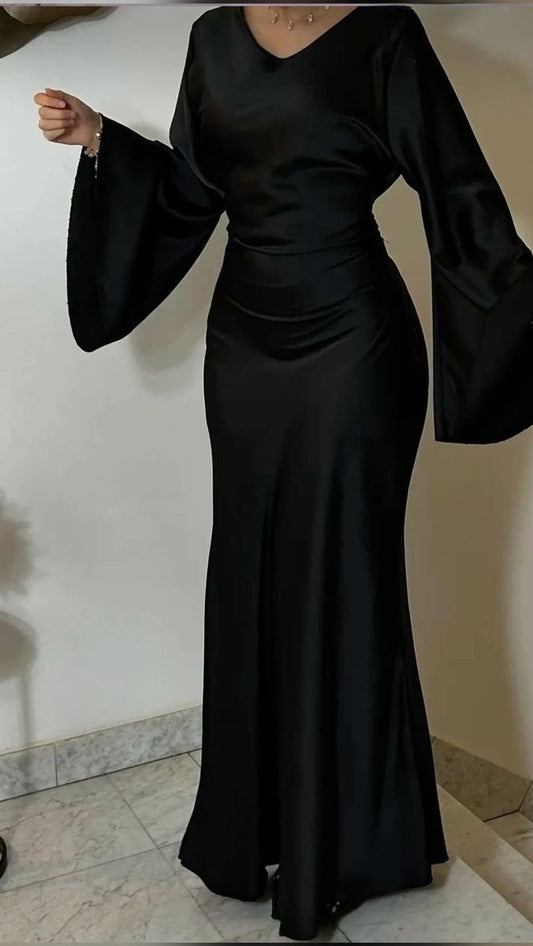 Robe longue noire vintage en satin pour femme, élégante robe de soirée fg7495