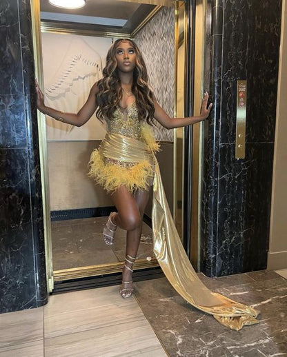 Sexy Black Girls Birthday Dresses Gold Rhinestone Feathers Mini Cockta formalgowns Sexy Black Girls Birthday Dresses Gold Rhinestone Feathers Mini Cockta formalgowns
