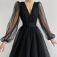 Graduation dress Short A Line Prom Dresses V Neck Long Puff Sleeve Tulle Formal Wedding Evening Party Dresses For Graduation    fg2856