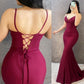 burgundy sleeveless spaghetti-straps prom evening dress     fg6615
