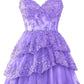 Purple Homecoming Dresses for Teens Tulle Lace Applique Tiered A-line Formal Short Mini Prom Dress      fg6212