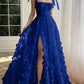 A-Line Princess Blue Straps Long Prom Floral Dresses With Split Side      fg6139