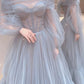 Blue Tulle Long Prom Dress, Beautiful Long Sleeve Tulle Evening Dress      fg6142