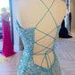 Blue Iridescent Sequin Lace-Up Long Prom Dress with Slit     fg6608