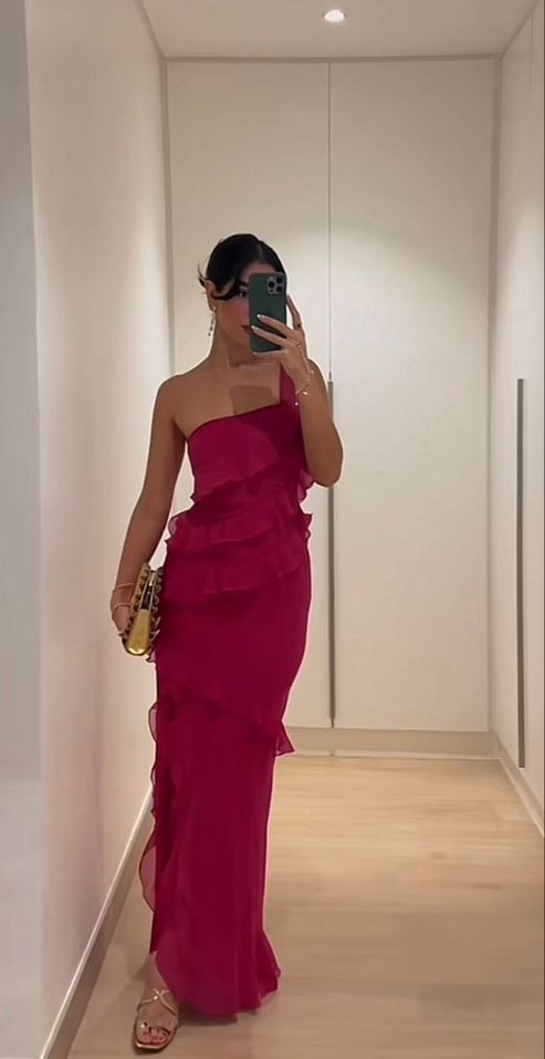 Hot Pink Sexy Sheath Long Prom Dress Backless Evening Gown Y7894