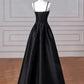 Elegantes schwarzes langes Ballkleid aus Satin in A-Linie, formelles Abendkleid fg6742