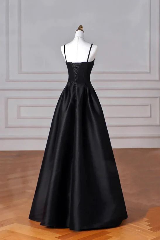 Elegantes schwarzes langes Ballkleid aus Satin in A-Linie, formelles Abendkleid fg6742