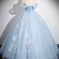 A-Line Off Shoulder Tulle Sequin Blue Long Prom Dress, Blue Sweet 16 Dress    fg6727
