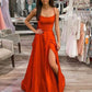 Robe de soirée longue en satin rouge à bretelles spaghetti et fente, coupe trapèze, fg6586