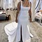 Elegant Mermaid Square Neck Satin Wedding Dresses with Slit      fg6617